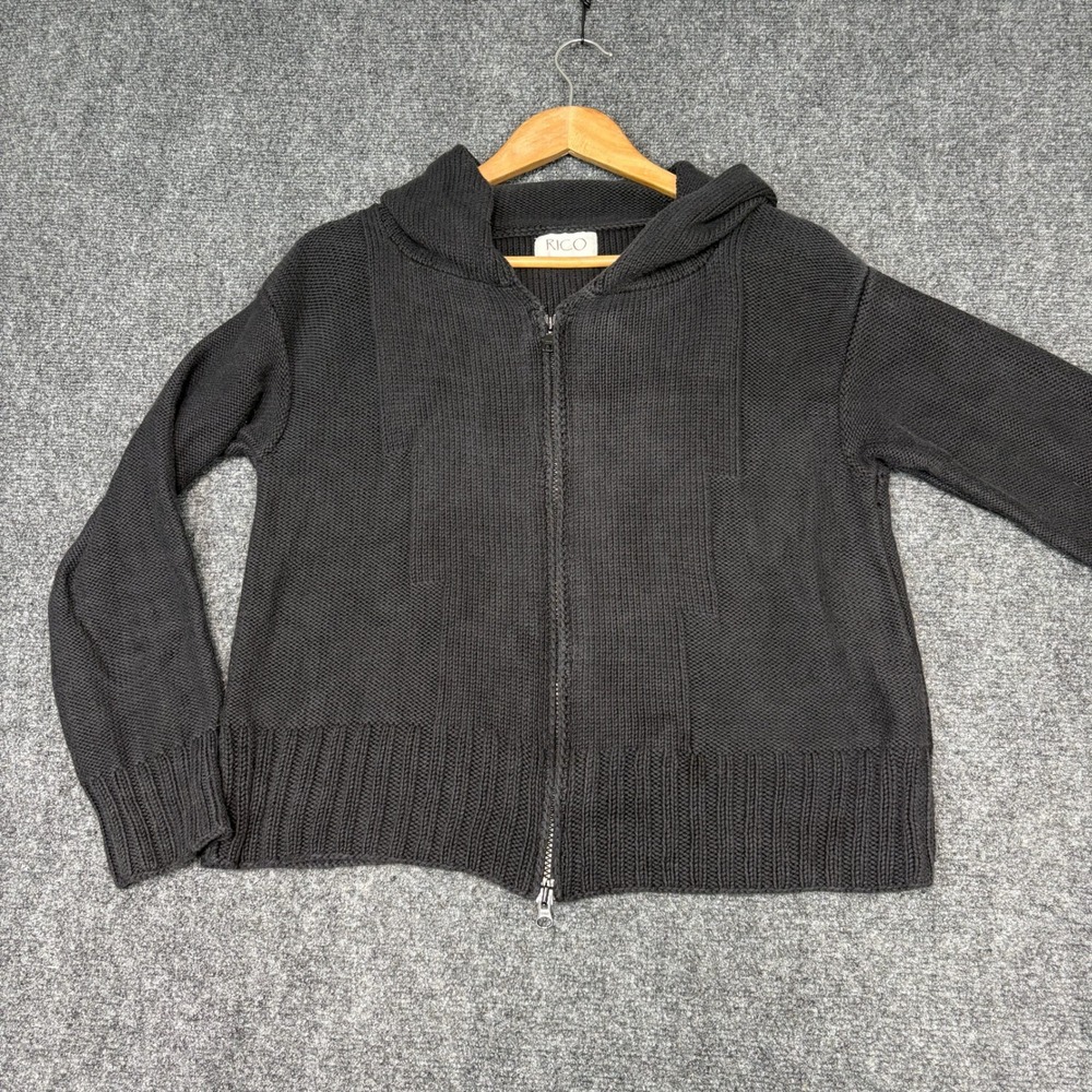 RICO Full Zip Knit Hoodie Mens Medium Black Excellent Cotton Shaker Stitch